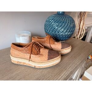 Prada Madras Tricolor Woven Leather‎ Platform Espadrille Oxfords Womens 38.5